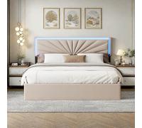 Lit 140x200 avec Rangement et LED, Lit 2 Places avec Sommier et 4 tiroir caché, lit deux place avec tete de lit capitonnée, hauteur réglable, aux adolescents et aux adultes, Lin (Beige (c), 140×200cm)