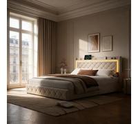 Lit 140x200 avec Sommier et 4 Tiroirs, Lit Double en Velours avec Éclairage LED, Prise USB/Type C, Tête de Lit avec Étagère de Rangement, Cadre de Lit Moderne, Beige