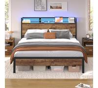 Lit 140x200 avec Sommier et Rangement, Cadre de Lit 140x200 en Métal avec Éclairage LED Réglable et Multiprise, Tête de Lits avec Panneau Perforé, Lits Double Style Industriel Marron Rustique