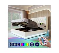 Lit 140x200 avec Sommier LED et USB Type C, Coffre 140x200 avec Rangement et Tête de Lit, Double sans Matelas