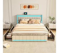 Lit 140x200 avec Sommier, Lit Double rembourré avec LED et USB et 4 Tiroirs Rangement, Lits 2 Personnes Cadre de Lits pour Adultes, Adolescents, Lin, sans matela (Beige, 140x200cm)