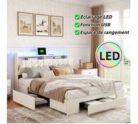 Lit 140x200 cm, 3 tiroirs et LED, USB et Type C, 2 prise standard européenne, Tete de lit avec Rangement, Sommier, Velours, Beige