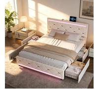 Lit 140x200 cm avec 4 tiroirs, Lit double 140x200 cm avec LED et port USB, Lit 2 personnes, Sommier à lattes, velours, blanc cassé