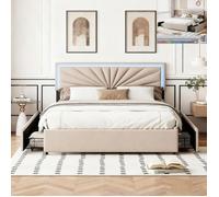 Lit 140x200 cm avec LED - Structure de lit avec 4 tiroirs- Lit Double avec Sommier à Lattes - tissue en lin - Beige