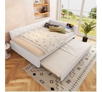 Lit 140x200 cm en velours blanc avec lit gigogne escamotable, ports USB/Type-C et lampe intégrée - design géométrique