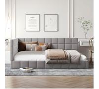 Lit 140x200 cm en velours gris, transformable en banquette, tête capitonnée et accoudoir rembourré - style mid-century