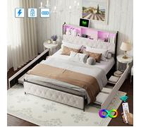 Lit 140x200 cm Lit double LUMINARIX Avec éclairage LED et USB Lit Coffre tissu en velours Lit rembourré blanc cassé