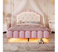 Lit 140x200 cm rembourré avec Lumière d'ambiance avec télécommande Forme de princesse héritière - SWEIKO - PU Rose