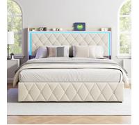 Lit 140x200 cm - structure de lit - RWUDV - lit double - lit capitonné - LED - USB - lit adulte 160x200 - sommier - Velours- Beige