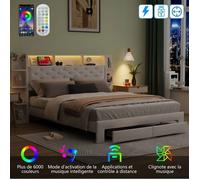 Lit 140x200 cm - TANANT - Lit double capitonné - Tête de lit avec étagères - LED et USB - Blanc