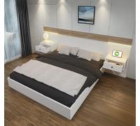 Lit 140x200 Coffre Capitonné en Chêne Blanc avec Lattes, Tête de Lit, 2 Tables de Nuit LED et Prise USB, Rangement (sans Matelas)