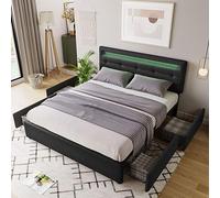 Lit 140x200cm,Rembourré Cadre de lit avec éclairage LED sommier et rangement lit à lattes, coffre de li et 4 tiroirs, lit double rembourré, tête de lit réglable en hauteur, sommier en bois, Noir