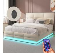 Lit 160×200 avec Sommier LED et USB, Double avec Espace de Rangement et Tête de Lit, Coffre avec Cadre Métallique, Rembourré à Lattes 2 Personnes, Velours, Beige