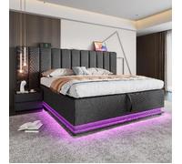 Lit 160×200 cm coffre Lit rembourré Lit double avec App Control LED et USB-C Cadre de lit Lin Gris
