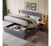 Lit 160 x 200 avec sommier à lattes avec USB,lit coffre 160 x 200,cadre de lit 2 personnes avec comprenant deux tables de chevet avec espace de rangement,montage facile,velours,gris + naturel