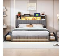 lit 160 x 200 avec sommier, lit 2 personnes avec tête de lit LED, Fonction de charge USB et sommier à lattes, 4 Tiroirs Pratiques et design élégant, Idéal pour les chambres d'adolescents, sans matelas