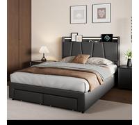 Lit 160 X 200 Avec Sommier, Lit Coffre Hydraulique Avec 2 Tiroirs Et Tete De Lits Rangement, Lits Double Rembourré Avec éclairage LED Et USB, Cadre De L_it Capitonné Avec Lattes, Lin, Sans Matela