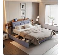 Lit 160 x 200 avec sommier métal,lit 2 personnes avec tiroirs,tête de lit avec rangement escamotable,lit double avec rangement,gris