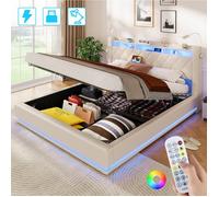 Lit 160 x 200 CM avec Multiprise et LED Réglable -Tête de Lit avec Lampe de Lecture - Lit Hydraulique avec Rangement sous le lit