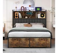 Lit 160 x 200 cm avec sommier à lattes en métal, 2 tiroirs, tête de lit avec éclairage LED, USB et espace de rangement, design industriel, lit double, en polyuréthane, sans matelas (noir E, 160 x 200