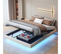Lit 160 x 200 cm avec sommier à lattes, lit double avec lumières LED et espace de rangement, cadre de lit flottant moderne, lit double pour adultes et adolescents (beige)
