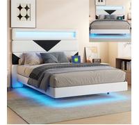 Lit 160 x 200 cm avec sommier en bois, LED et USB Tpye C, lit flottant rembourré avec tête de lit réglable, tissu en velours, Blanc