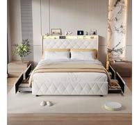 Lit 160 x 200cm avec Sommier LED et USB, Lit 2 Personnes avec 4 Grands Tiroirs Lit Double rembourré Tete de Lit avec Rangement pour Adultes et Adolescents,Velours(Sans Matelas) (Beige J, 160 x 200 cm)