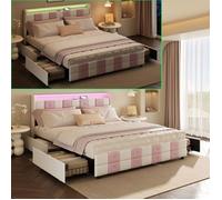 Lit 160x200 avec Sommier, 4 Tiroirs, LED, USB/Type-C - Lit Adulte 2 Personnes Rembourré - Tête de Lit Rangement - Velours - Blanc