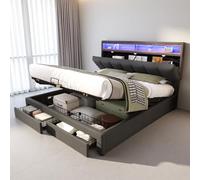 Lit 160x200 avec sommier à Lattes et LED,lit Coffre avec tiroirs et Compartiments de Rangement,Cadre de lit 2 Personnes avec tête de lit escamotable,Double capitonné,Gris