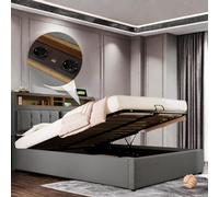 Lit 160x200 avec Sommier avec USB et Type C, Lit Coffre 160x200 avec Rangement et Tete, Lit Double Capitonné Hydraulique avec à Lattes, Rembourré 2 Personnes Cadre de Lin(sans Matelas)