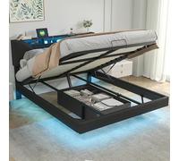 Lit 160x200 avec Sommier et LED et USB, Lit Coffre 160x200 avec Tete de lit escamotable et Espace de Rangement,Lit 2 Personnes pour Adultes et Adolescents (Noir, 160 x 200 cm)