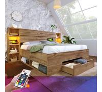 Lit 160x200 avec Sommier LED et USB C et 2 Tables de Chevet, Lit Coffre 160x200 avec Tiroirs Rangement et Tete, Lit Double Capitonné avec à Lattes 2 Personnes, Rembourré Cadre de Bois(Sans Matelas)