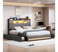 Lit 160x200 avec Sommier LED et USB, Lit Rembourré Double avec Tête de Lits de Rangement et 4 Tiroirs, Cadre de Lits 2 Personnes avec sommier à Lattes, Lin, Gris (160 x 200 cm)