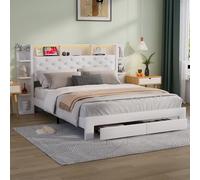 Lit 160x200 avec Sommier LED et USB, Tête de Lit avec Rangement, Lit Double pour Adultes et Adolescents, Blanc Tissu en Velours, sans Matelas