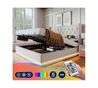 Lit 160x200 Avec Sommier LED Et USB Type C - Coffre Avec Rangement Et Tête De Lit - Double à Lattes Pour 2 Personnes - Capitonné Cadre (Sans Matelas)