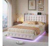 Lit 160x200 avec Sommier,Lit Double Cadre de Lit Flottant Multifonctionnel avec sommier à Lattes,Tête de lit Rembourrée avec Rangement,Structure Stable,Velours,Blanc, sans matelas