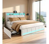 Lit 160x200 cm avec 4 tiroirs et LED, USB, type C, Lit adulte 160x200 cm avec sommier à lattes, Lit double 160x200 cm en lin, Beige