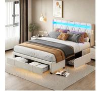 Lit 160x200 cm avec 4 tiroirs et USB Type C - Cadre de lit double 160x200 cm avec lumières LED+Sommier - Tissu en lin - Beige