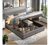 Lit 160x200 cm avec coffre et 2 tiroirs, Lit rembourré avec sommier à lattes, Lit double hydraulique, Lit adulte, tissu en Velours