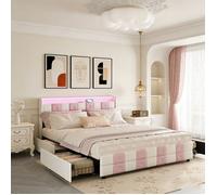 Lit 160x200 cm avec LED et charge USB Type C, lit adulte 160x200 cm avec 4 tiroirs et sommier à lattes, Velours, Blanc et rose