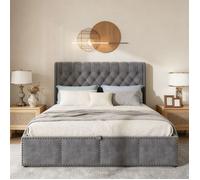 Lit 160x200 cm Coffre Hydraulique - DAIDAI - Style Chesterfield, Velours Gris, Bois FSC, Rangement Optimisé