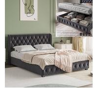 Lit 160x200 cm - DANS LES NUAGES - Chesterfield - Coffre de rangement - Velours gris foncé - Sommier à lattes