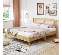 Lit 160x200 cm en PE-rotin naturel et pin, tête décorative avec coussins en filet de rotin