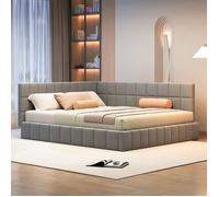 Lit 160x200 cm en velours gris, tête capitonnée et accoudoir, style mid-century, transformable en banquette