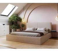 Lit 160x200 cm Morin Boucle - Lit double avec mousse épaisse - Sommier à lattes et coffre de lit inclus - Tissu bouclé (Beige - Anthologie 3)