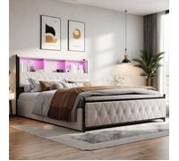 Lit 160x200 cm - TANANT - Lit double capitonné - Velours Beige - Tête de lit avec LED - 4 tiroirs de rangement