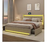 Lit 160x200cm avec 4 tiroirs, Lit double avec lumières LED, port de chargement, sommier à lattes, lit adulte rembourré, Lin, Beige