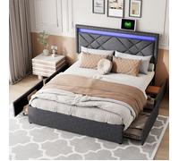 Lit 160x200cm avec Rangement avec 4 Tiroirs Lit adulte Lit double avec sommier à lattes tête de lit avec LED et USB,velours gris