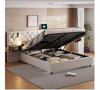 Lit 160x200cm - Lit Coffre 160x200 - Tête de Lt Longue avec Lampes de Chevet & Tiroirs Intégrés - Velours Blanc Cassé