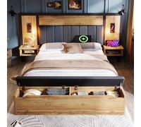 Lit 180×200 avec sommier à lattes avec USB,lit coffre 180×200 double rembourré,cadre de lit 2 personnes avec rangement et lampe de lecture,table de chevet et banc avec compartiment de rangement